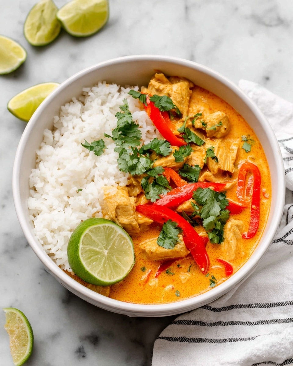 A white bowl contains two main layers: on one side, fluffy white rice, and on the other, orange creamy curry with chunks of light beige chicken and bright red bell pepper strips. The curry is topped with fresh green cilantro leaves and a wedge of lime placed beside the rice. The bowl is set on a white marbled surface with lime wedges nearby and a white cloth with black check lines to the side. photo taken with an iphone --ar 4:5 --v 7