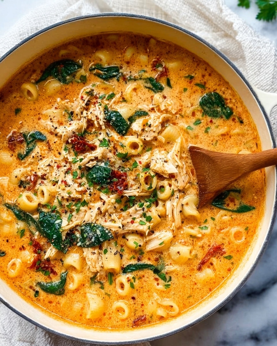 This dish is shown in a white pot filled with a creamy orange soup with small round pasta pieces floating throughout. In the soup, there are several layers of torn pieces of cooked chicken with a light brown color, scattered dark green spinach leaves, and small bits of sun-dried tomatoes. The surface is sprinkled with chopped fresh parsley and ground black pepper. A wooden spoon is resting in the pot, partially submerged in the soup. The background is a white marbled surface with a light cloth nearby. Photo taken with an iphone --ar 4:5 --v 7
