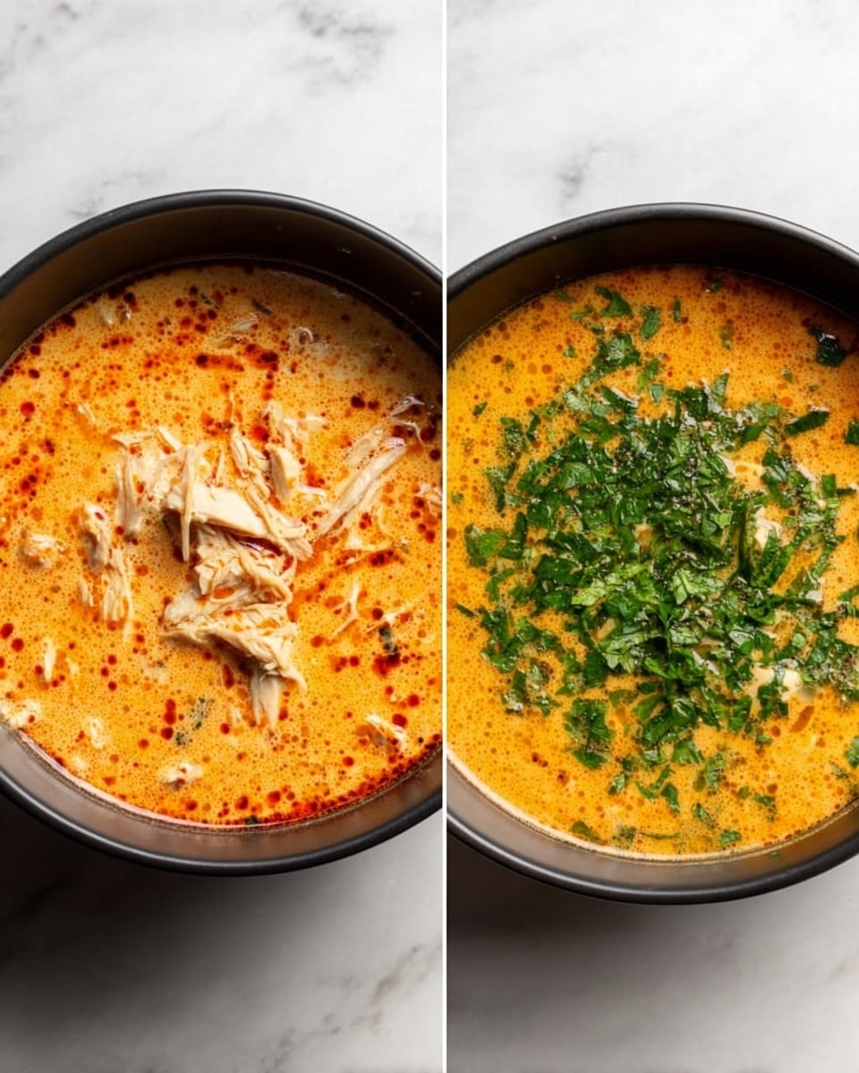 The image shows two black bowls placed side by side on a white marbled surface. The bowl on the left contains a creamy orange broth with specks of red seasoning, with some shredded light beige chicken pieces floating on top. The bowl on the right holds a similar creamy orange broth, but it is covered with a layer of finely chopped fresh green herbs spread evenly across the surface. Both bowls have a smooth texture and warm, inviting colors. photo taken with an iphone --ar 4:5 --v 7