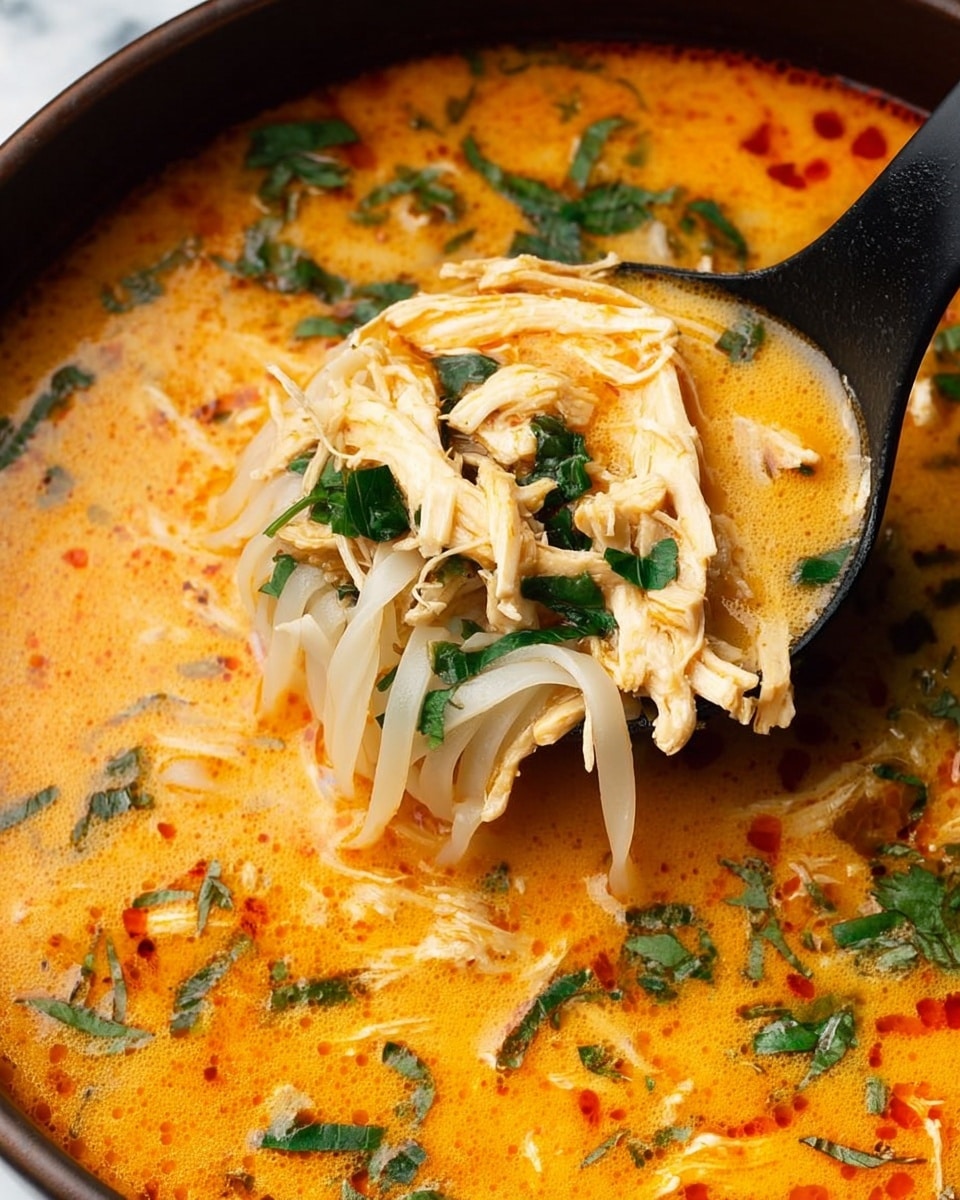 A close-up of a bowl of spicy orange soup filled with white flat noodles and shredded chicken pieces, topped with bright green chopped herbs scattered all over. A black ladle scoops up a portion of noodles and chicken, showing the creamy texture of the broth with small red specks and fresh herb bits floating inside. The background is a white marbled texture. photo taken with an iphone --ar 4:5 --v 7