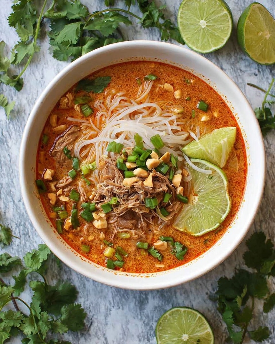 The image shows two white bowls filled with a rich orange-red soup base. Each bowl has a nest of thin, white noodles in the center. The soup is topped with chopped green onions, fresh green cilantro leaves, and crushed peanuts, adding texture and color contrast. Thin slices of lime rest on the edge of each bowl, adding a fresh touch. The bowls are placed on a blue wooden surface with scattered peanuts and cilantro leaves around them, with a white cloth folded nearby. The overall look is warm and inviting. photo taken with an iphone --ar 4:5 --v 7