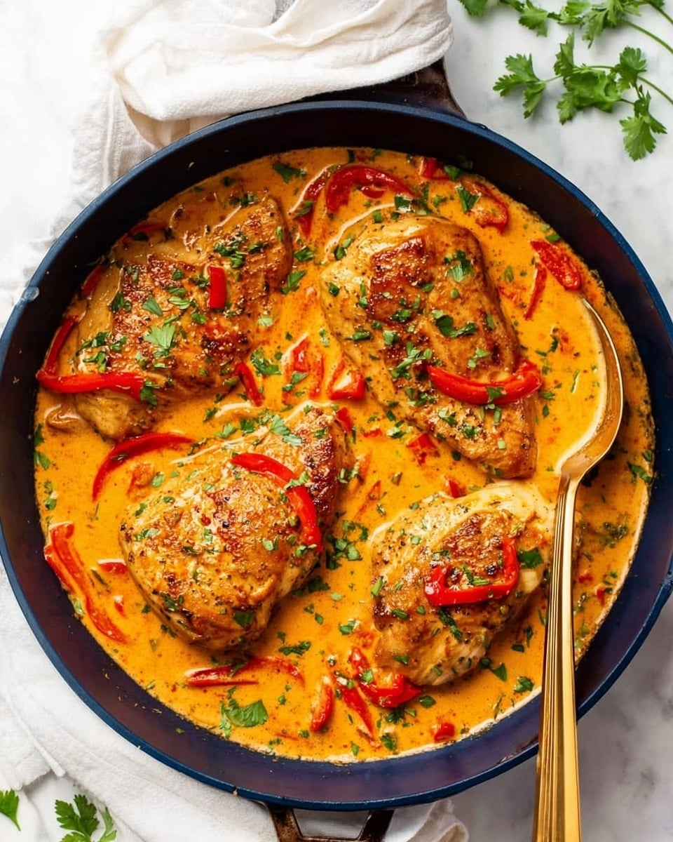 The image shows a dark blue skillet filled with four pieces of cooked chicken on top of a bright orange creamy sauce. The sauce includes red pepper slices and small green herbs scattered all over. There is a gold spoon partially in the skillet on the right side, resting in the sauce near the chicken. The skillet sits on a white marbled surface with a white cloth nearby and some green herbs spread around the skillet. The chicken pieces are browned with a slightly crispy texture. The photo taken with an iphone --ar 4:5 --v 7