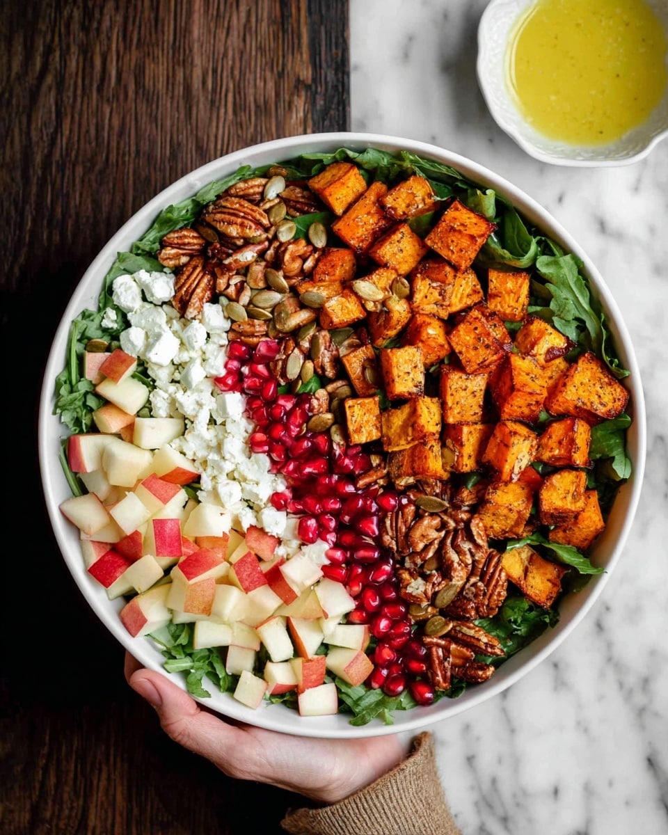A white bowl is filled with a layered salad starting with a base of dark green leafy greens. On top, from left to right, are roasted orange sweet potato cubes, bright red pomegranate seeds, and white crumbly cheese. Below the sweet potatoes and to the left are small cubes of red and white apple pieces, and next to them are a small bunch of toasted brown pumpkin seeds. A small white bowl with yellow dressing sits near the top right corner on a white marbled surface, and a woman's hand is holding the bowl from the left side. photo taken with an iphone --ar 4:5 --v 7