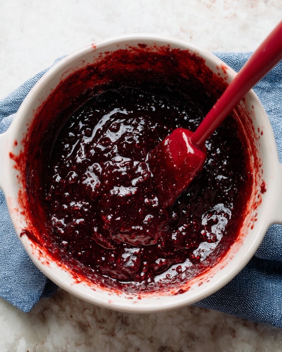 A white bowl filled with a thick, dark red, shiny jam-like mixture with a visibly chunky texture, being stirred by a red spatula partially immersed in the mixture. The bowl has red splashes on the inside edges. The bowl is placed on a blue cloth on a white marbled surface. photo taken with an iphone --ar 4:5 --v 7