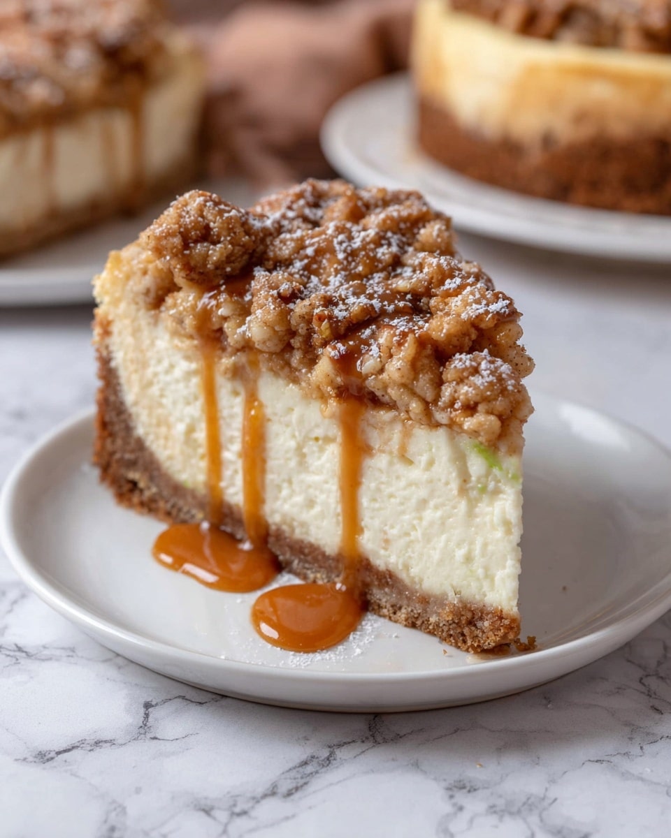 A thick cheesecake slice is held above the rest of the cheesecake by a woman's hand, showing its inside layers clearly. The bottom layer is a dense, golden-brown crust that looks firm and crumbly. Above the crust is a thick, creamy, pale yellow cheesecake layer, smooth and solid. The top layer has a crumbly brown streusel topping with small chunks and a dusting of powdered sugar scattered lightly over it. The cheesecake sits on a white marbled surface and on a round white plate with a speckled edge. Photo taken with an iphone --ar 4:5 --v 7