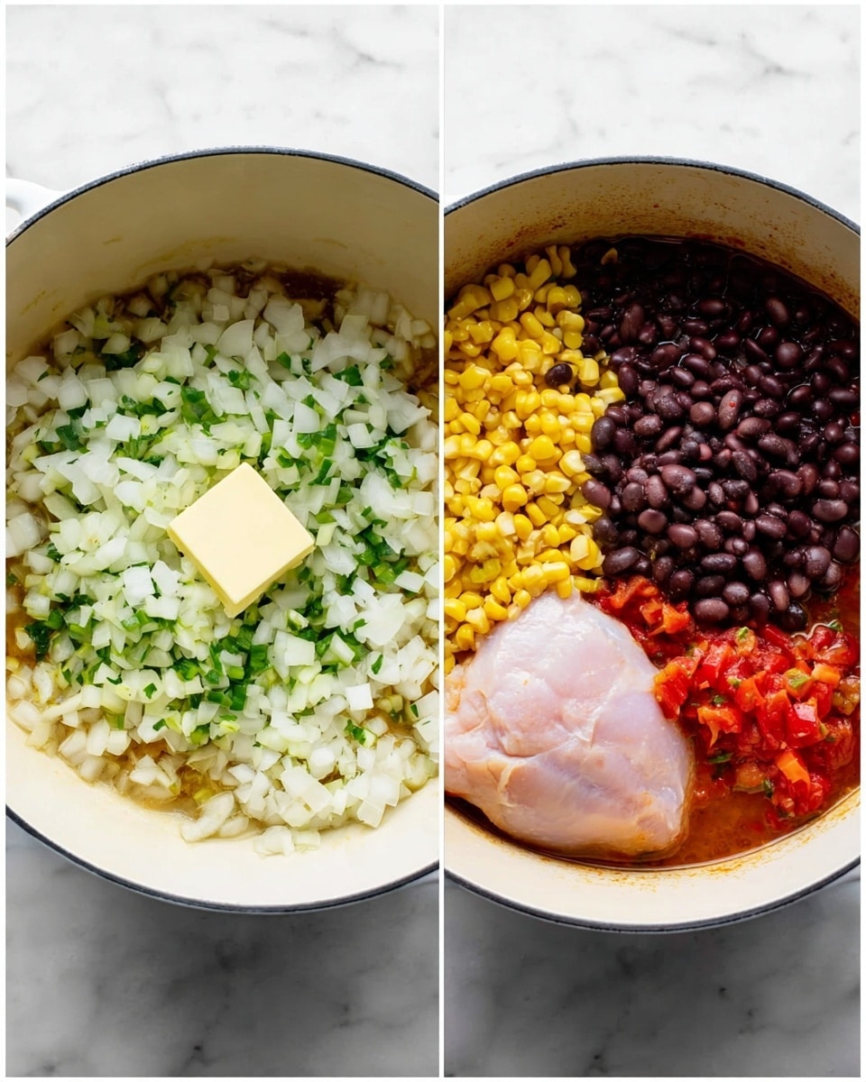 Two images show the inside of a white pot on a white marbled surface. The first image has a layer of chopped white onions mixed evenly with chopped green bell peppers, with a small square of butter placed in the center on top. The second image shows a raw pale pink chicken piece resting in a reddish sauce on one side, with layers of black beans, bright yellow corn, and diced red tomatoes placed separately but close to each other around the chicken inside the pot. photo taken with an iphone --ar 4:5 --v 7