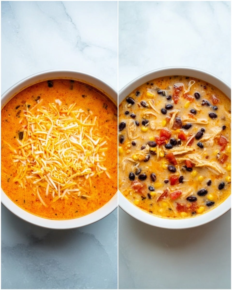 The image shows two white bowls of soup on a white marbled surface. The left bowl is filled with a thick orange soup topped with a layer of shredded yellow and white cheese that covers the soup evenly. The right bowl shows a creamy soup with visible shredded chicken, black beans, corn, and diced tomatoes mixed throughout, giving it a textured and colorful look with orange, black, yellow, and red tones. Photo taken with an iphone --ar 4:5 --v 7