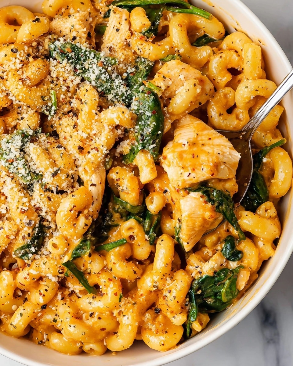 The image shows a close-up of a creamy pasta dish in a white bowl. The pasta is elbow macaroni, coated with a rich orange cheese sauce, mixed with pieces of cooked chicken and fresh green spinach leaves. The top left part of the pasta is sprinkled with white grated cheese and black pepper specks, adding texture. A silver spoon scoops some pasta from the bowl, showing the smooth, creamy texture and even coating on each piece. The background is a white marbled surface. Photo taken with an iphone --ar 4:5 --v 7