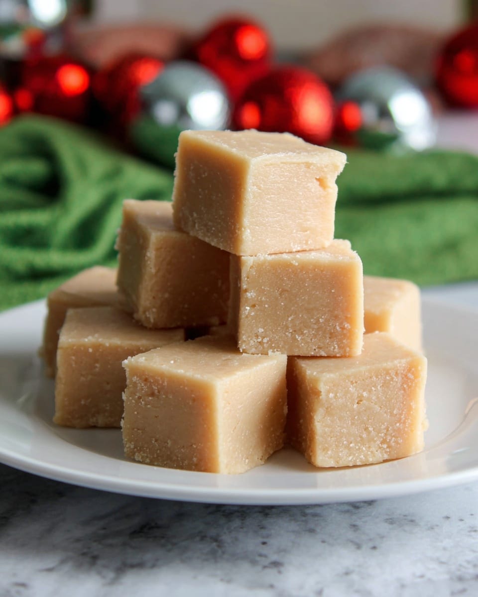 There is a pyramid stack of beige fudge squares on a white plate. The fudge pieces look smooth and creamy with slight texture and a soft shine. The pyramid shape has about four layers, with larger squares at the bottom and smaller ones on top. In the background, there is a blurred green cloth and small red and silver round ornaments, all set on a white marbled surface. Photo taken with an iphone --ar 4:5 --v 7