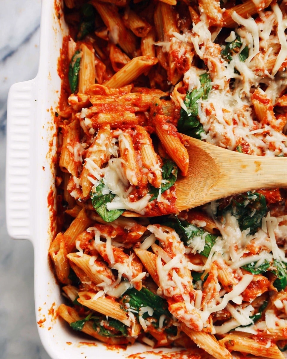 A white rectangular baking dish filled with cooked penne pasta covered in red tomato sauce, mixed with fresh green spinach leaves, and topped with white shredded cheese that is partially melted. A wooden spoon is inside the dish scooping some pasta from the corner, with sauce coating the sides of the dish. The scene is set on a white marbled surface. photo taken with an iphone --ar 4:5 --v 7