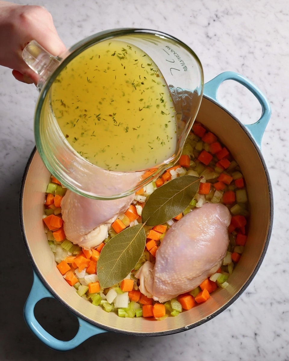 A large round light blue pot with two handles contains two raw pale pink chicken pieces placed on a bed of diced orange carrots, light green celery, and white onions scattered evenly at the bottom. Two large bay leaves sit in the middle between the chicken pieces, creating a natural greenish-brown texture. In the second part of the image, a woman's hand holds a clear glass measuring cup tilted, pouring a light yellow broth with tiny green herb specks over the chicken and vegetable layers inside the pot. The scene is set on a white marbled surface. photo taken with an iphone --ar 4:5 --v 7