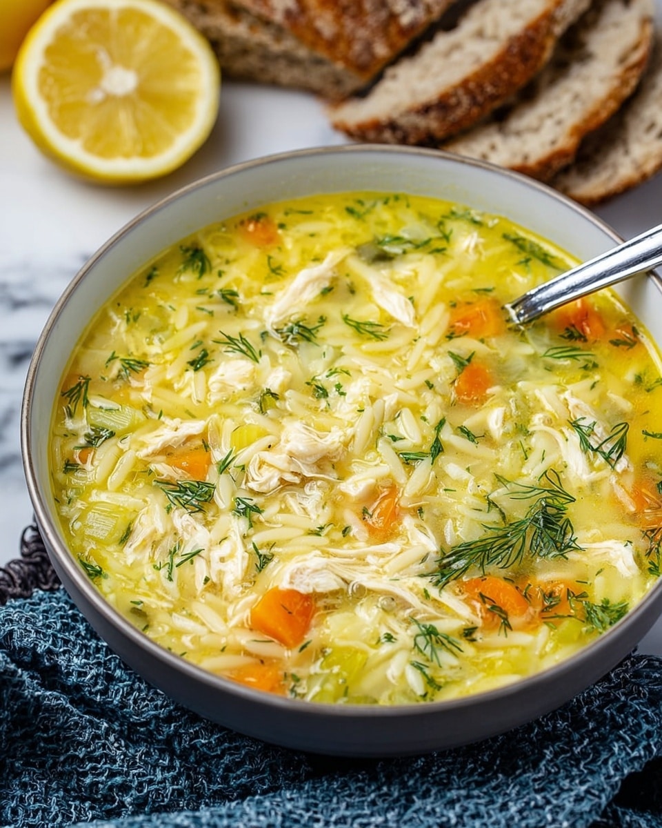 A deep white bowl filled with creamy chicken and orzo soup featuring small orange carrot cubes, shredded white chicken pieces, and light yellow orzo all mixed in a pale yellow broth dotted with fresh green dill. The bowl sits on a white marbled surface with a blue cloth and white textured cloth underneath, surrounded by two slices of rustic brown bread with holes and two bright yellow lemon halves in the background. Photo taken with an iphone --ar 4:5 --v 7