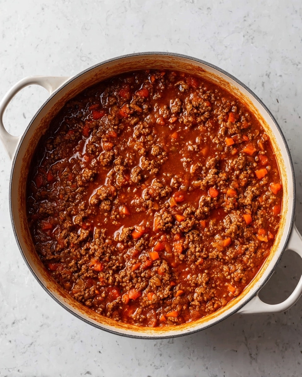 A large white pot filled with a rich, reddish-brown meat sauce that has a thick texture, with visible small chunks of ground meat and finely diced orange and red vegetables evenly mixed throughout. The sauce has a glossy surface with a few darker spots where the meat is concentrated. The pot has two handles on each side and is placed on a white marbled surface. Photo taken with an iphone --ar 4:5 --v 7