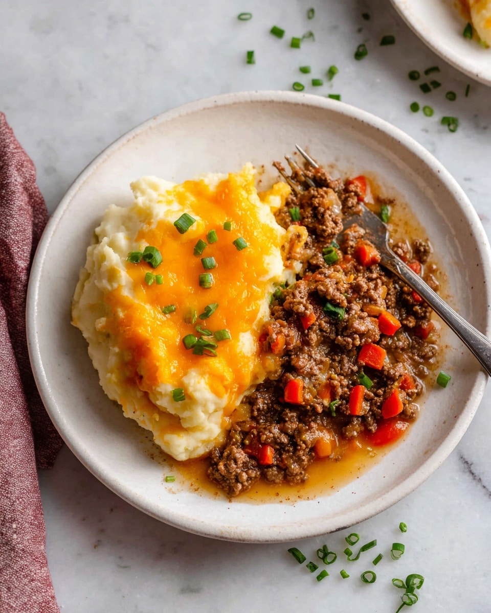 A white plate with two main layers of food: on the left, a creamy mashed layer topped with melted orange cheddar cheese and small green chive pieces scattered on top, and on the right, a ground beef layer mixed with small diced red and orange bell peppers, all sitting in a light brown gravy. A silver fork lies on the right side of the plate, resting partly on the beef. The plate is set on a white marbled surface with some green chive pieces scattered nearby. Photo taken with an iphone --ar 4:5 --v 7