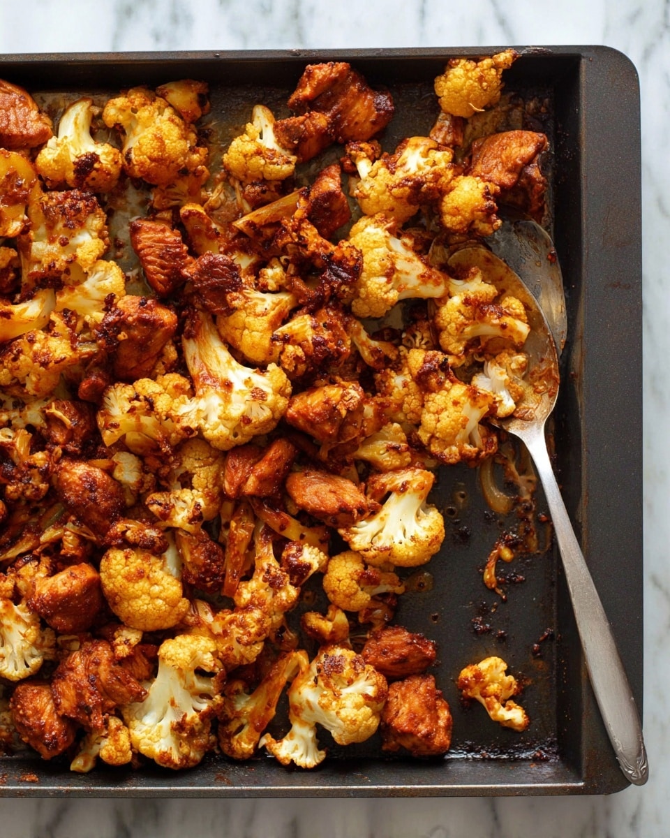 A dark-colored baking tray filled with cooked cauliflower pieces and browned chicken chunks, both coated in a reddish-brown sauce with roasted and slightly charred spots. The cauliflower has a mix of creamy white and golden orange tones, while the chicken pieces are darker with a caramelized look. A silver serving spoon is placed near the right side of the tray, partially resting on the food and the baking tray. The tray is set on a white marbled surface. photo taken with an iphone --ar 4:5 --v 7