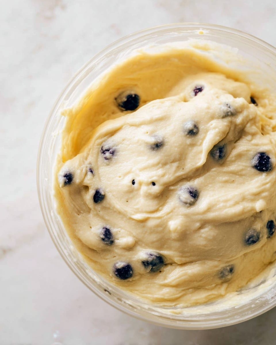The image shows a close-up of thick, creamy batter with a pale yellow color mixed with small dark blueberries scattered throughout. The batter's texture looks smooth and soft, with some areas slightly lifted or swirled. The mixture is inside a clear bowl set on a white marbled surface, with no other objects visible in the image. photo taken with an iphone --ar 4:5 --v 7