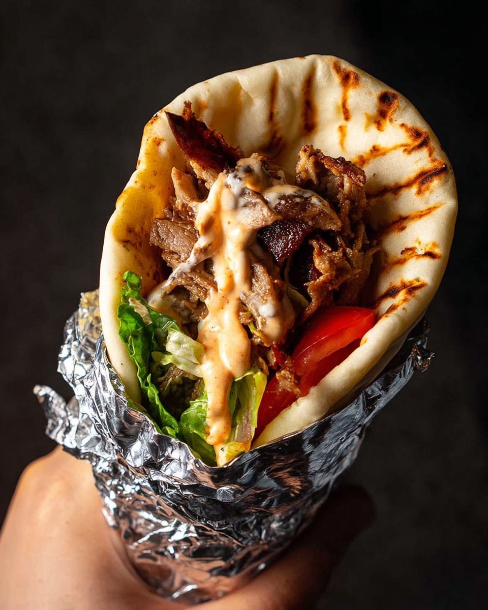 Two pita wraps partially wrapped in crinkled aluminum foil sit on white parchment paper over a white marbled surface. Each pita is soft and light beige with some dark grill marks. Inside the first pita, there are crispy golden waffle fries topped with creamy orange sauce drizzled over them, visible bits of purple onion, and some pieces of brown grilled meat. The second pita shows fresh green lettuce and bright red tomato slices peeking out over the same grilled meat and some sauce. To the right of the pitas, two pieces of grilled meat rest on the paper with some creamy sauce splashes nearby. In the bottom left corner, a glass mug filled with a golden bubbly drink is just partly visible. Photo taken with an iphone --ar 4:5 --v 7