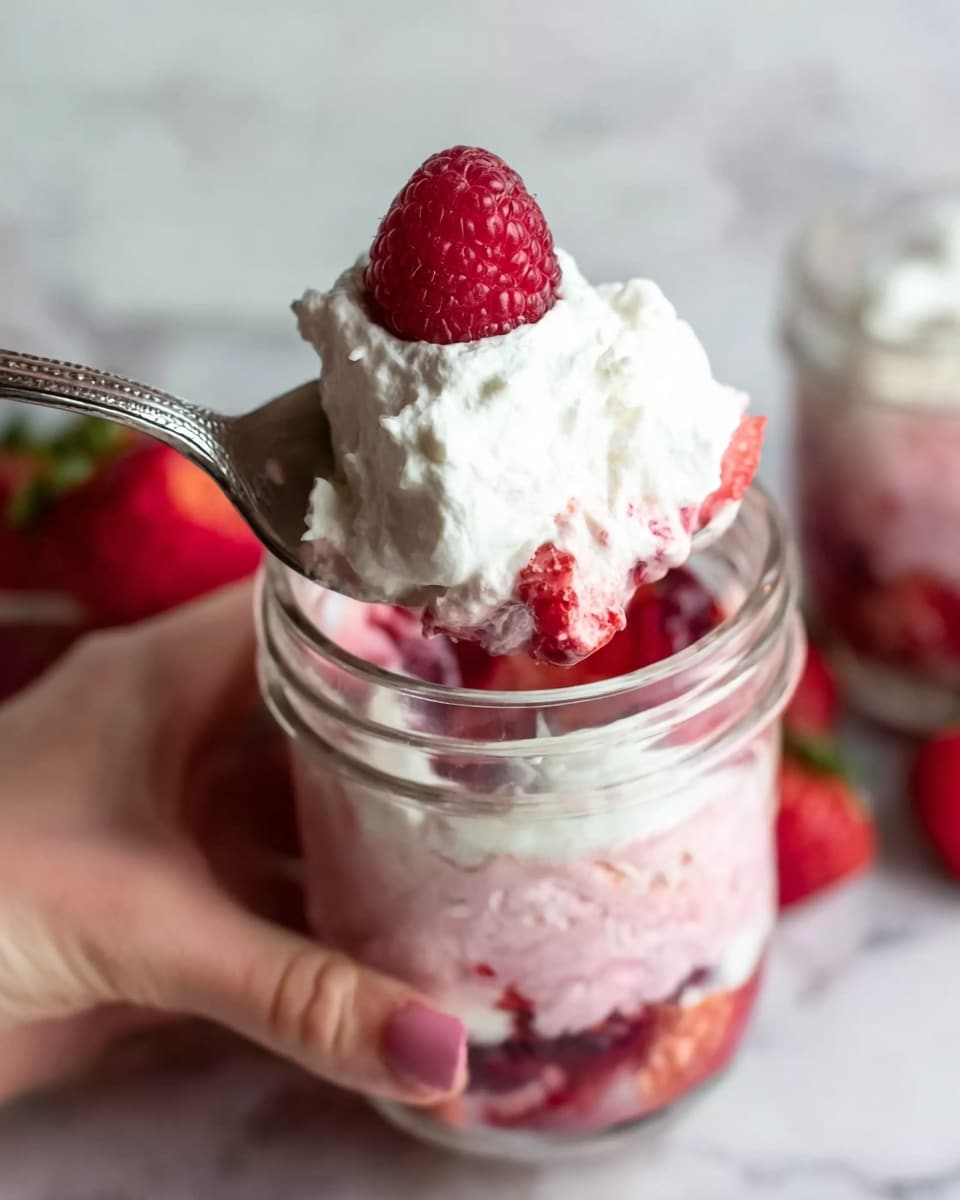 The image shows a close-up of a mason jar dessert with three clear layers. The bottom layer is a mix of red and pink berries, with visible textures of strawberries and raspberries. The middle layer is a soft, pink creamy substance that contrasts with the berries. The top layer is a fluffy white cream, thick and smooth. On top of the cream is a single raspberry adding a pop of deep red. A silver spoon lifts a bite showing all three layers together, held by a woman's hand, with the background featuring white marbled texture. Photo taken with an iphone --ar 4:5 --v 7
