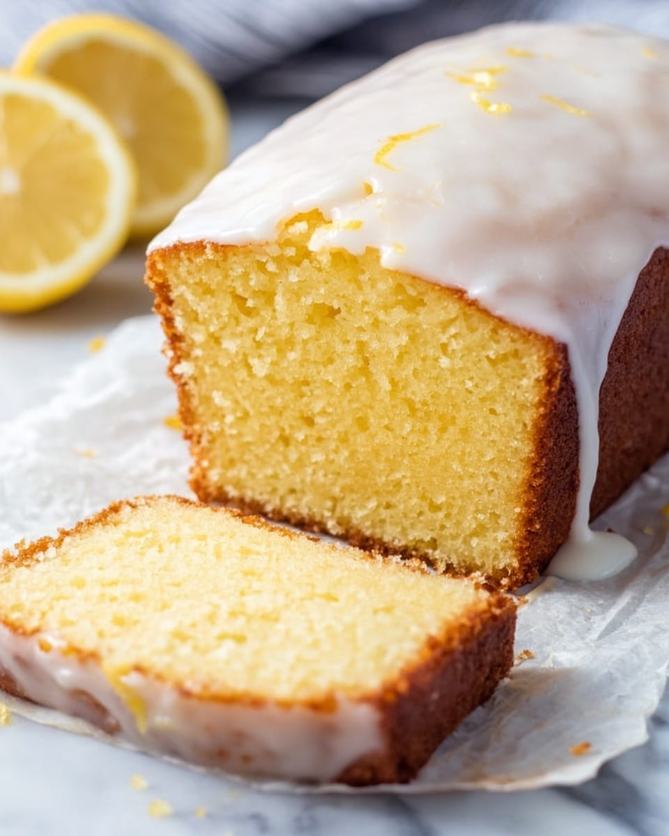 A slice of yellow lemon cake with a rough crumb texture sits on a white plate decorated with small pink flowers and gold edging. The cake has one layer, topped with a smooth white glaze that slightly drips down the side. The edges of the cake are golden brown and slightly crispy. In the background, there is a halved lemon showing its bright yellow inside, placed on a wooden surface. Another piece of the same cake is partially visible on white parchment paper. The surface beneath the plate is changed to a white marbled texture. Photo taken with an iphone --ar 4:5 --v 7