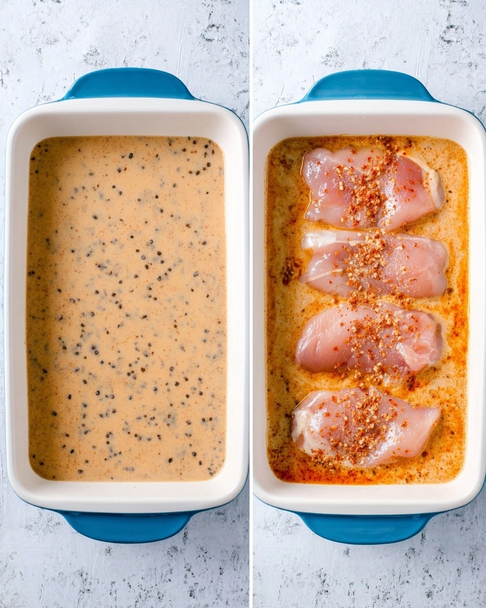 The image shows two side-by-side photos of a white rectangular baking dish with blue handles on a white marbled surface. On the left, the dish is filled with a smooth, light brown batter that has small dark specks scattered throughout. On the right, the dish contains the same batter but with five raw pink chicken pieces placed evenly on top, each sprinkled with a reddish-orange spice and some black pepper. The batter partially covers the chicken edges, creating a slightly bubbly texture around the meat. photo taken with an iphone --ar 4:5 --v 7