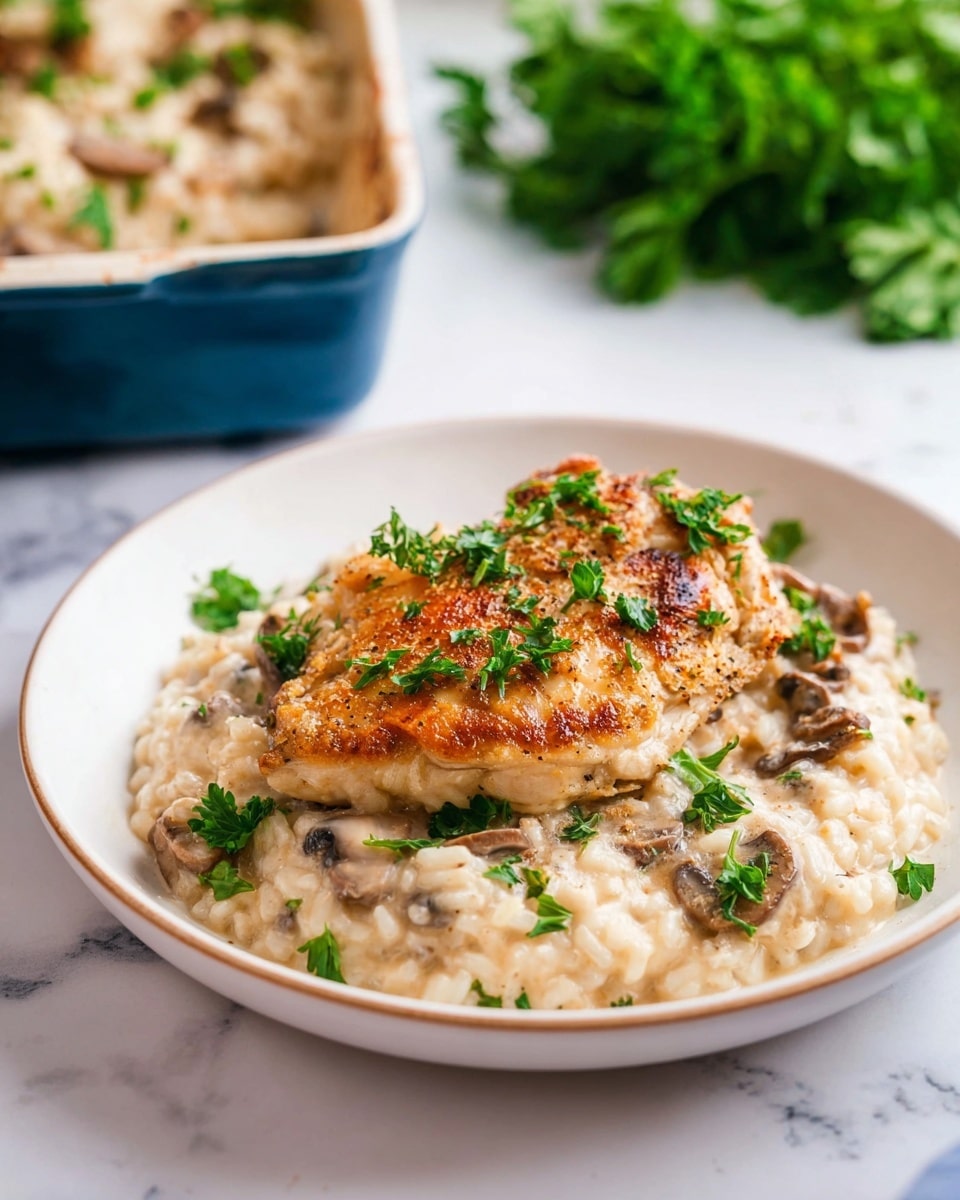 A white plate holds a creamy risotto base with visible pieces of mushroom, soft and textured, spread evenly in the center. On top, there is a golden-brown cooked piece of chicken, slightly crispy on the edges with a light sprinkling of fresh green parsley scattered over both the chicken and the risotto. Some parsley leaves are also placed around the plate for decoration. The plate sits on a white marbled surface, and in the background, there is a blurred view of more food in a blue dish and a bunch of fresh parsley. Photo taken with an iphone --ar 4:5 --v 7