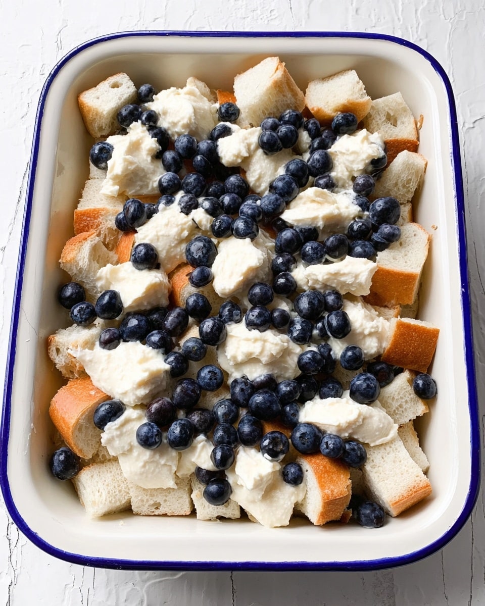 The image shows a white rectangular baking dish with a blue rim filled with layers of cubed white bread topped with uneven dollops of creamy white mixture, scattered with fresh small dark blue blueberries. The bread cubes are spread in a single even layer, while the creamy mixture is placed on top in thick chunks, covering much of the bread, with blueberries sprinkled freely over everything. The dish sits on a white marbled surface, visible around the edges of the baking dish. Photo taken with an iphone --ar 4:5 --v 7
