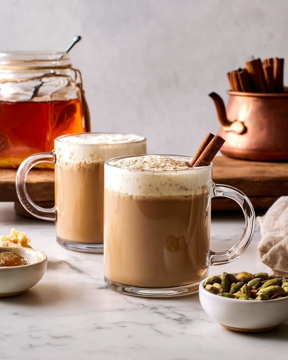Two clear glass mugs filled with a light brown frothy chai tea, each topped with light foam and sprinkled with cinnamon powder. A thick cinnamon stick leans inside the mug in the foreground. The mugs are placed on a smooth white marbled surface with blurred background elements including a small jar of honey, a copper saucepan with cinnamon sticks and tea bags, and small white bowls containing cardamom pods and fresh ginger. The lighting is warm and soft, giving a cozy feel. Photo taken with an iphone --ar 4:5 --v 7