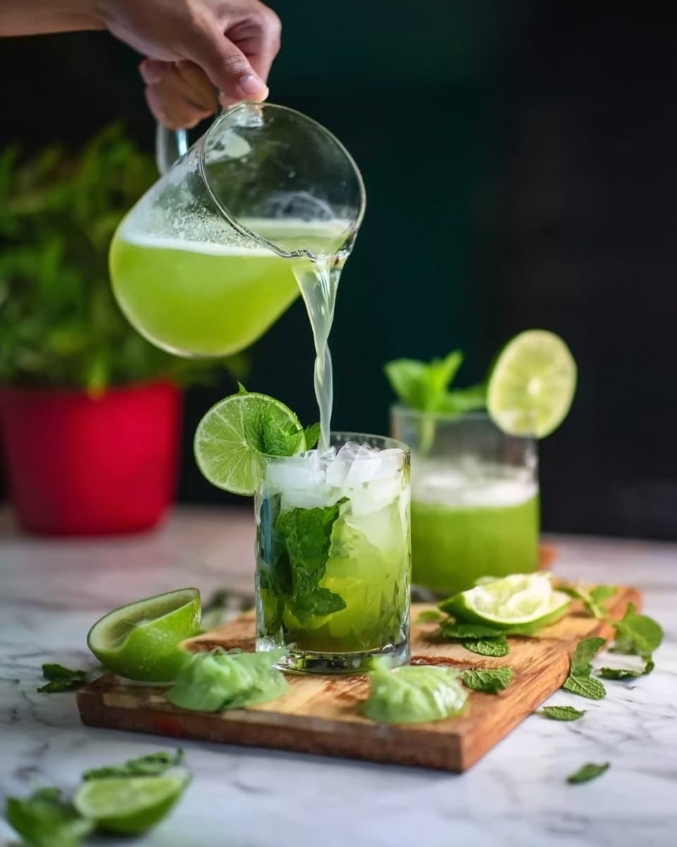 A close-up scene shows a woman's hand pouring a light green drink from a clear glass pitcher into a white clear glass filled with ice cubes and garnished with a lime slice and fresh mint leaves on top. Behind this glass, there is another similar white clear glass filled with a darker green drink and garnished with a lime slice and mint leaves. Both glasses are placed on a wooden board with scattered lime slices and fresh mint leaves around them. The background is mostly dark with a blurred red pot with green plants, and the surface is a white marbled texture. Photo taken with an iphone --ar 4:5 --v 7