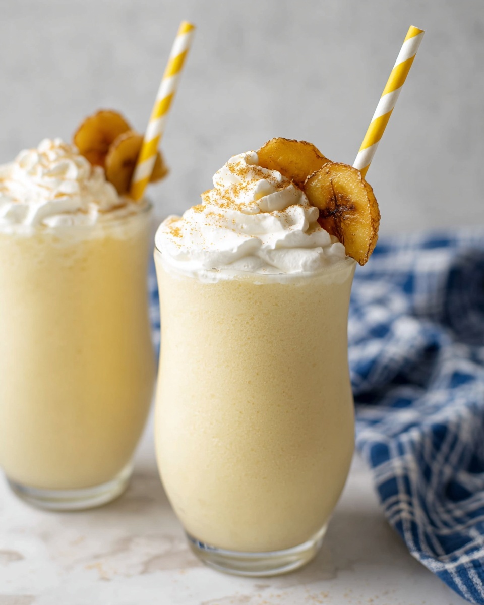 Creamy Banana Milkshake with Vanilla and Cinnamon Recipe 5 Two tall clear glasses hold a light creamy yellow smoothie as the base layer with a smooth texture. On top of each smoothie, there is a thick layer of white whipped cream, fluffy and slightly swirled. The whipped cream is garnished with two golden, crispy banana chips placed at an angle. One glass has a yellow and white striped paper straw inserted into the whipped cream. The glasses sit on a white marbled surface with a blue and white checkered cloth slightly out of focus in the background. Photo taken with an iphone --ar 4:5 --v 7