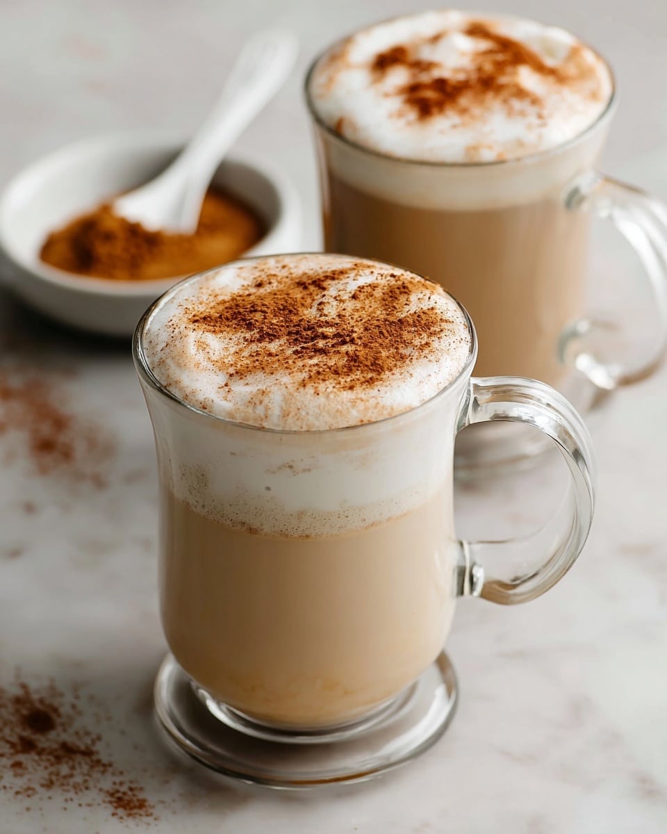 Two clear glass mugs filled with a three-layered drink: the bottom layer is a light creamy beige liquid, the middle layer is thick white foam, and the top is sprinkled with a fine layer of brown cinnamon powder. Each mug has a thick handle, and they sit on a white marbled surface. In the background, there is a small white bowl with brown cinnamon powder and a white spoon inside, slightly blurred. The lighting is soft, showing the texture of the foam and powder clearly. photo taken with an iphone --ar 4:5 --v 7