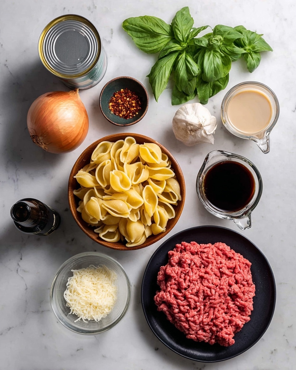 The image shows ingredients neatly arranged on a white marbled surface, including a can of tomatoes, a whole yellow onion, a small black bowl with red pepper flakes, and fresh green basil leaves at the top. Below them is a wooden bowl filled with uncooked shell pasta and a whole garlic bulb. Two glass measuring cups hold liquids, one with a light cream color and the other with dark broth-like liquid. A small bottle of dark sauce is placed near a clear glass bowl with grated cheese. Finally, a black plate holds raw ground meat, rich pink in color, completing the set of ingredients for a pasta dish photo taken with an iphone --ar 4:5 --v 7