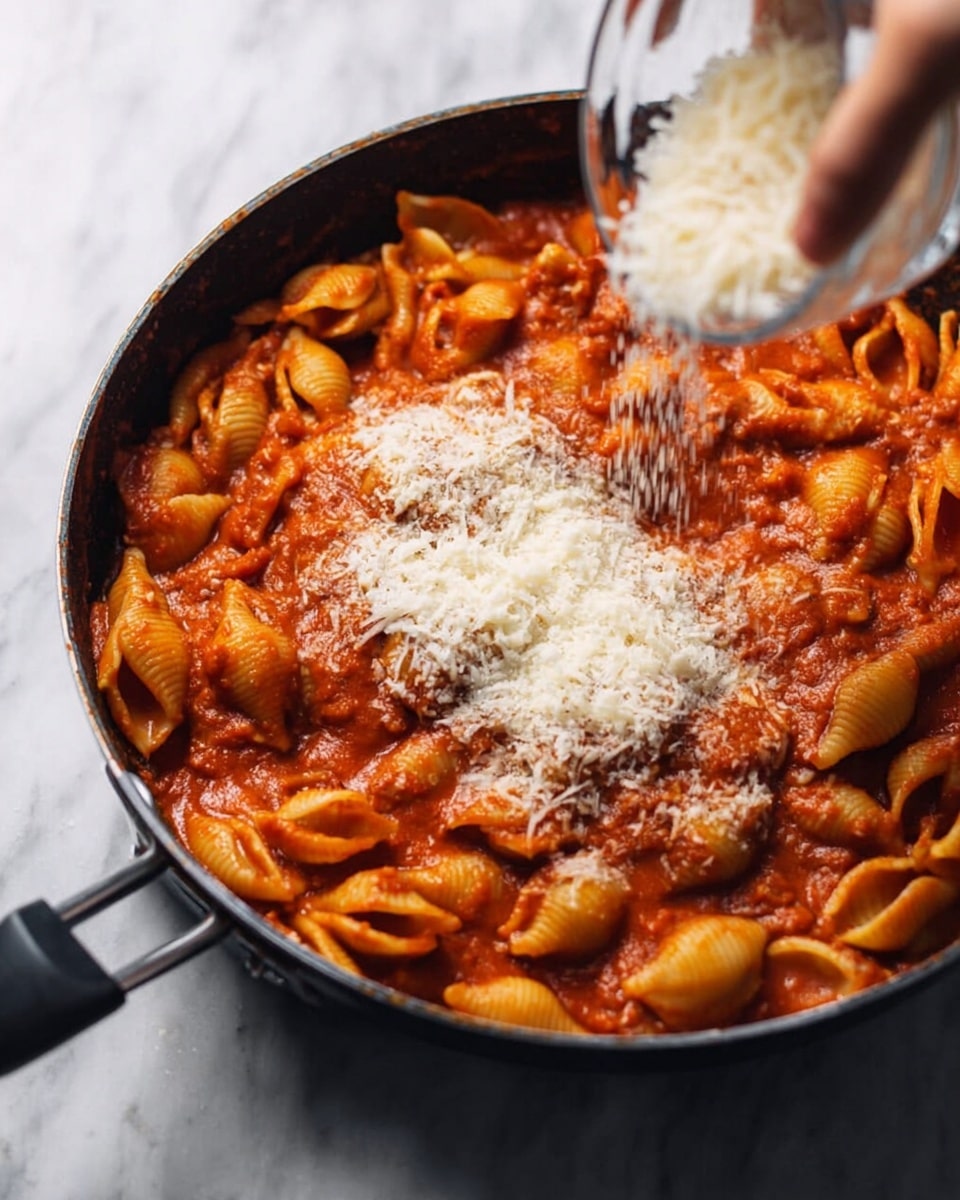 A close-up view of a pan filled with shell pasta covered in thick, rich red tomato sauce. The pasta is shaped like small curved shells, and the sauce looks smooth with some small bits of herbs. On top, there is a layer of white grated cheese being sprinkled from a small clear glass bowl held by a woman's hand coming from the right side. The pan has a black handle and rests on a white marbled surface. The cheese layer adds a bright contrast on the vibrant red pasta below. photo taken with an iphone --ar 4:5 --v 7