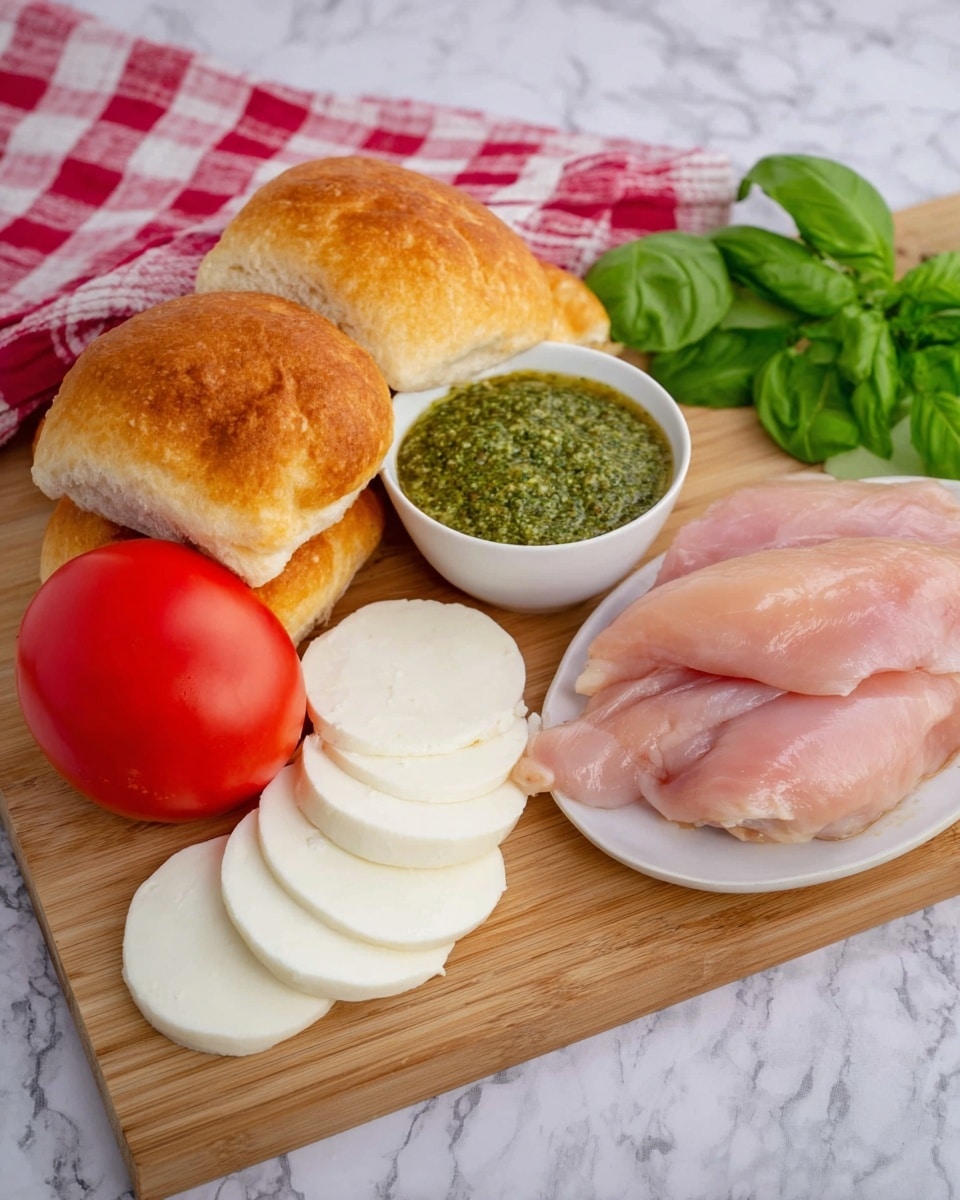 The image shows a wooden board with layers of food arranged neatly: three pieces of golden brown bread rolls stacked in the back, a bright red tomato in the center front, several round white slices of soft cheese arranged in a slight curve next to a small white bowl filled with green pesto sauce, fresh green basil leaves peeking from the side, and a white plate on the right holding three pieces of raw pink chicken meat. The surface under the board is a white marbled texture and a red and white checkered cloth is partially visible in the top left corner. Photo taken with an iphone --ar 4:5 --v 7