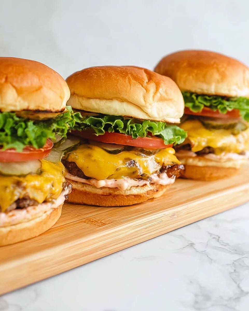 Three cheeseburgers are placed side by side on a light wooden board. Each cheeseburger has a soft, lightly toasted golden-brown bun on top. Under the bun, there is a melted yellow cheese layer covering a grilled burger patty with some char marks. Below the patty is a fresh green lettuce layer, followed by a thick red tomato slice. The bottom bun has a spread of creamy light pink sauce with some visible pickle slices. The setting is on a white marbled surface. photo taken with an iphone --ar 4:5 --v 7