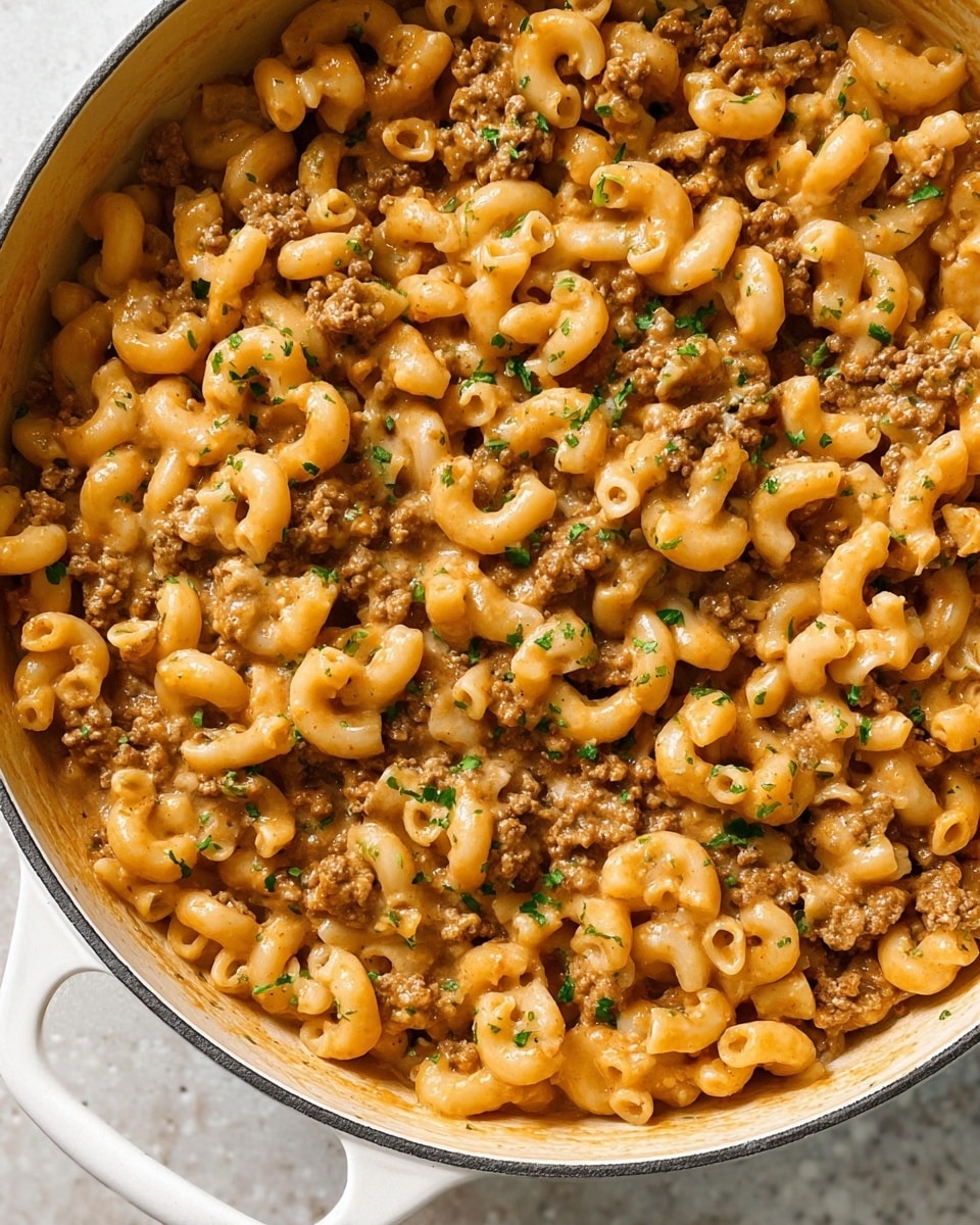 A white speckled bowl holds a creamy pasta dish made of elbow macaroni mixed with small pieces of ground meat, coated evenly in a light brown sauce with a smooth, thick texture. The pasta and meat layers blend together with a slightly glossy finish, sprinkled on top with chopped fresh green herbs and black pepper for contrast. The bowl rests on a white marbled surface, and a silver fork with detailed patterns is placed on the right side inside the bowl. photo taken with an iphone --ar 4:5 --v 7