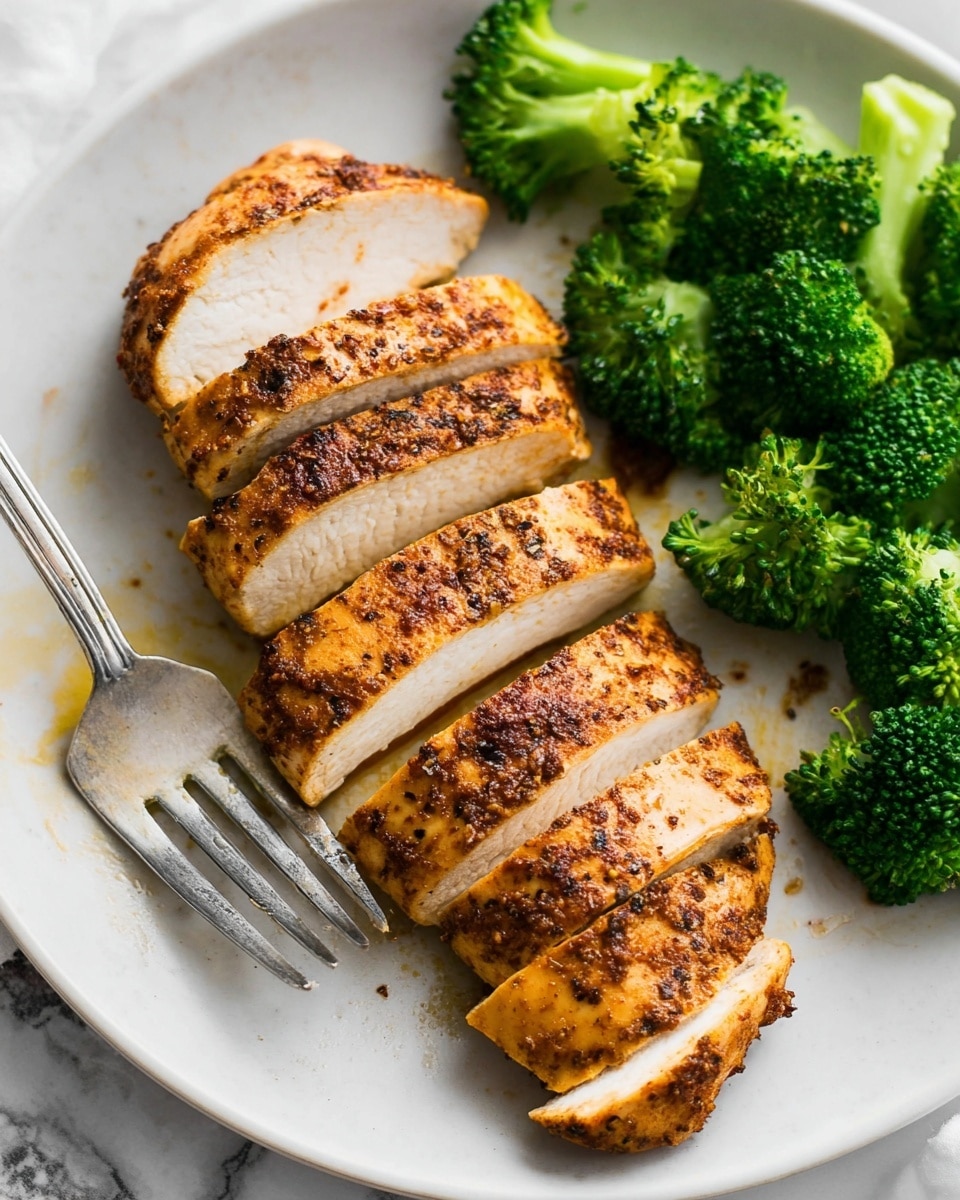 The image shows a white plate with four pieces of seasoned cooked chicken. Three of the pieces are whole, oval-shaped, and covered in a dark brown spice mix with visible specks of black and green herbs, giving them a rich and textured look. One chicken piece is sliced into five thick parts, revealing the white, juicy inside while the outside stays golden brown with the same spice coating. The chicken surface looks slightly shiny with a light layer of oil or sauce, and the plate is set on a white marbled background. photo taken with an iphone --ar 4:5 --v 7