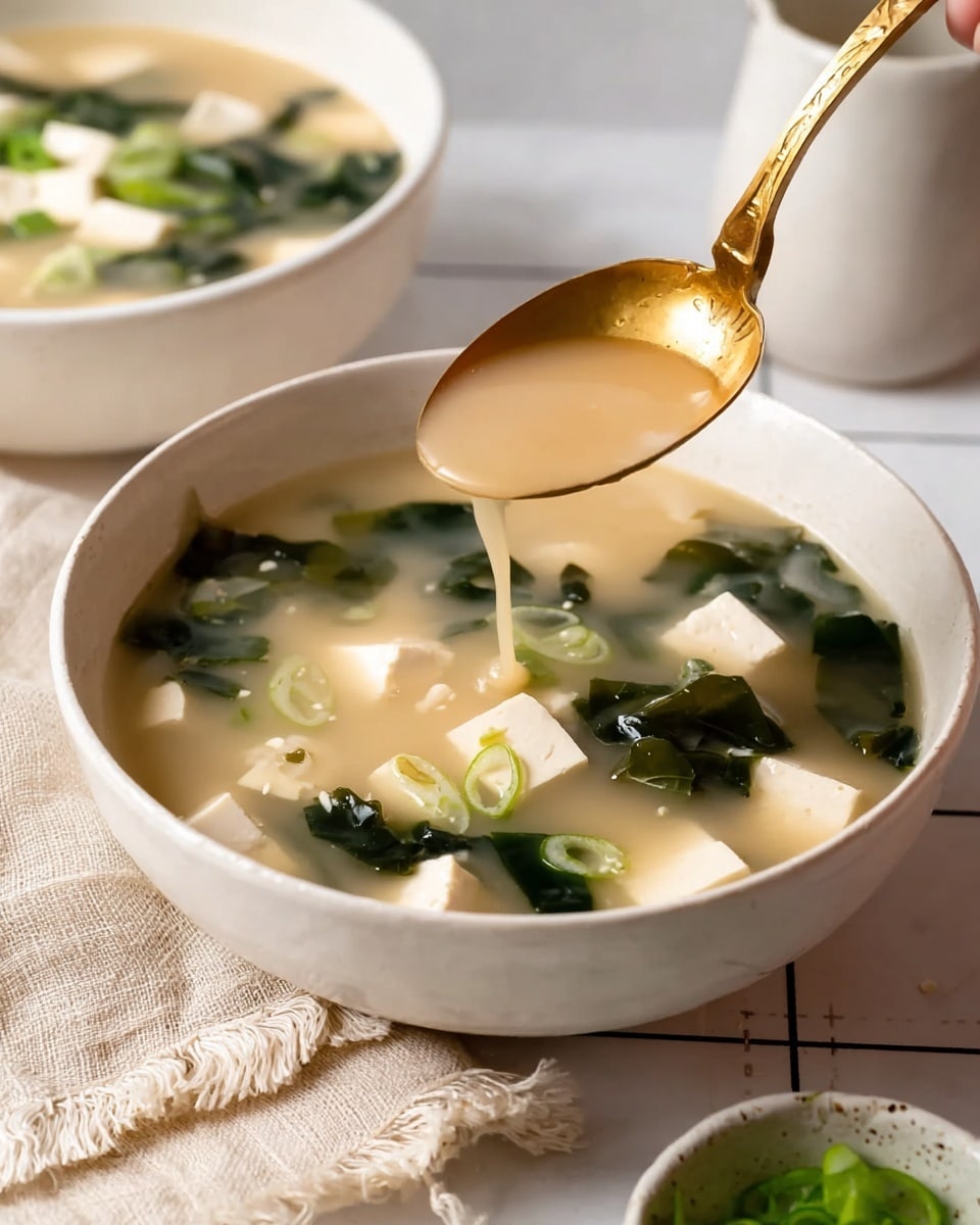 The image shows a white bowl filled with a light beige soup that has small white tofu cubes and dark green leafy seaweed, with some thin green onion slices floating on top. A golden ladle is pouring the soup into the bowl, and a soft beige cloth with frayed edges lies beside the bowl on a white marbled surface with faint black grid lines. In the background, there is another white bowl with the same soup partially visible, and a hint of a white cup can be seen. A small dish with chopped green onions is also partially visible at the lower right corner. photo taken with an iphone --ar 4:5 --v 7