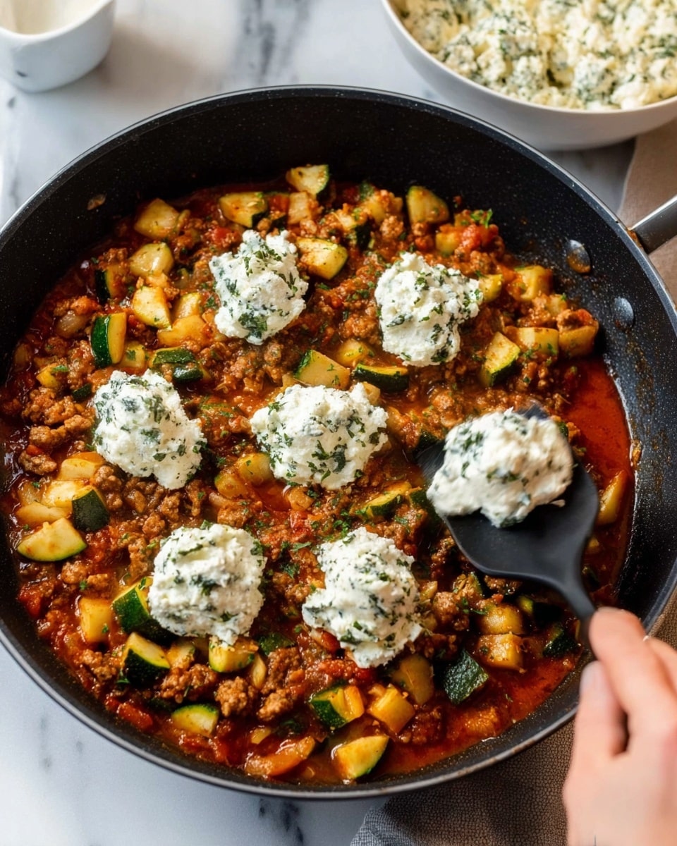 A close-up image of a black pan on a white marbled kitchen counter filled with a cooked mixture of small browned pieces of meat and diced green zucchini in a rich orange tomato sauce. On top, there are six dollops of white creamy cheese with green herbs mixed in, placed in a loose circle. A woman's hand using a black spatula is adding one more dollop of cheese to the dish. In the background, there is a white bowl with more white creamy cheese with green herbs. Photo taken with an iphone --ar 4:5 --v 7