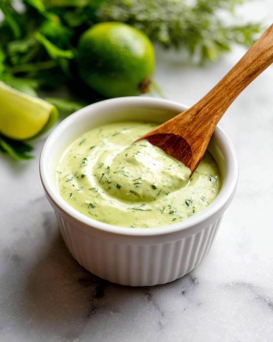 A small white ceramic bowl filled with a creamy, light green sauce dotted with tiny bits of herbs, giving it a slightly textured but mostly smooth surface. A wooden spoon is inserted slightly into the sauce, resting at an angle with its handle extending out of the bowl. The bowl sits on a white marbled surface, while fresh green herbs and a lime are blurred in the background, adding a fresh and natural feel to the scene. photo taken with an iphone --ar 4:5 --v 7