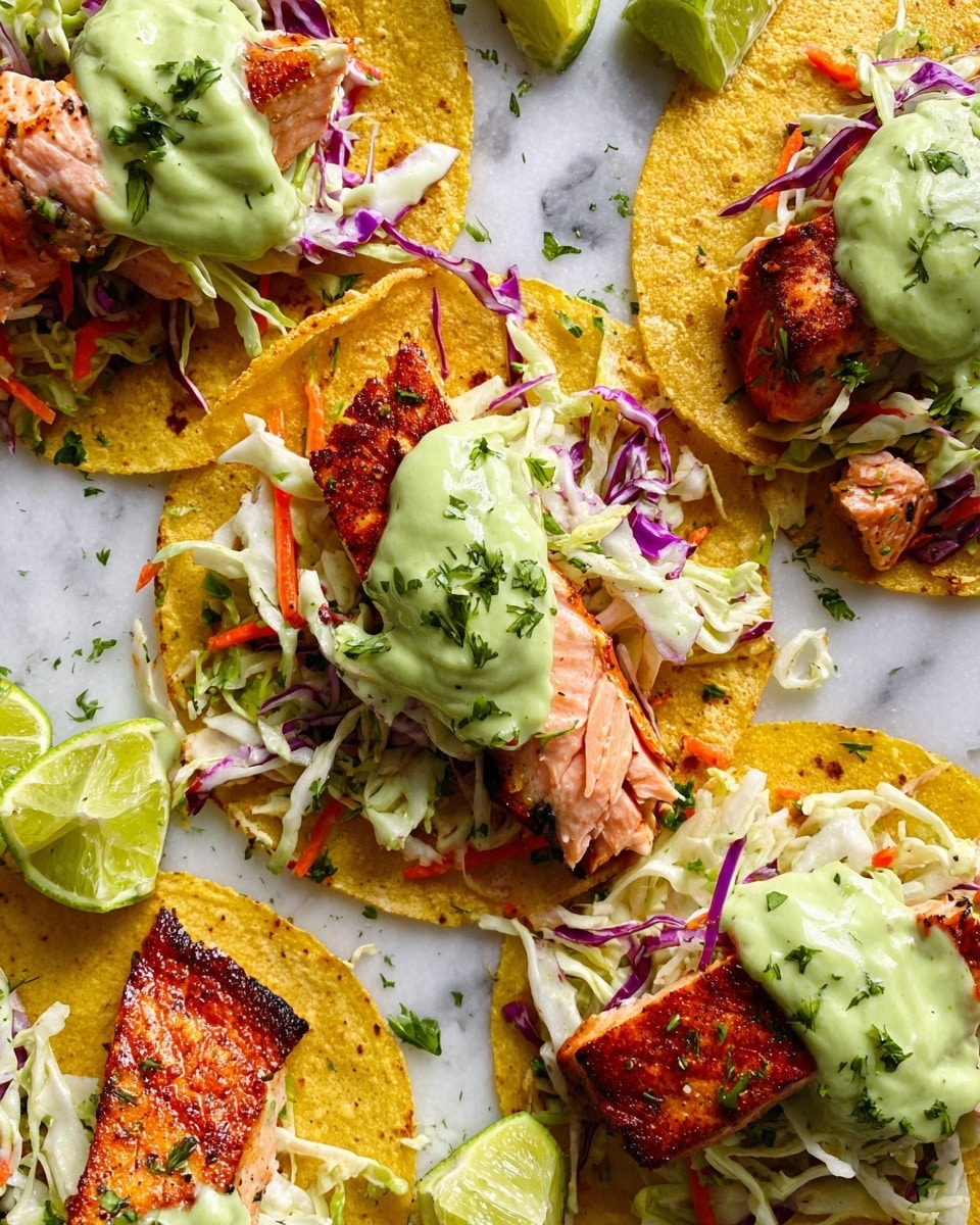 The image shows several tacos arranged on a white marbled surface, each with a yellow corn tortilla base. On top, there is a layer of shredded white and purple cabbage mixed with thin carrot slices, followed by thick, grilled salmon pieces with a light crust on the edges placed unevenly. Each taco is topped with a dollop of bright green creamy avocado sauce and sprinkled with fresh green herbs. Scattered around the tacos are bright green lime wedges with some juice visible on the surface. The colors are vibrant and fresh, with the tortillas' yellow contrasting the green sauce and colorful slaw. photo taken with an iphone --ar 4:5 --v 7