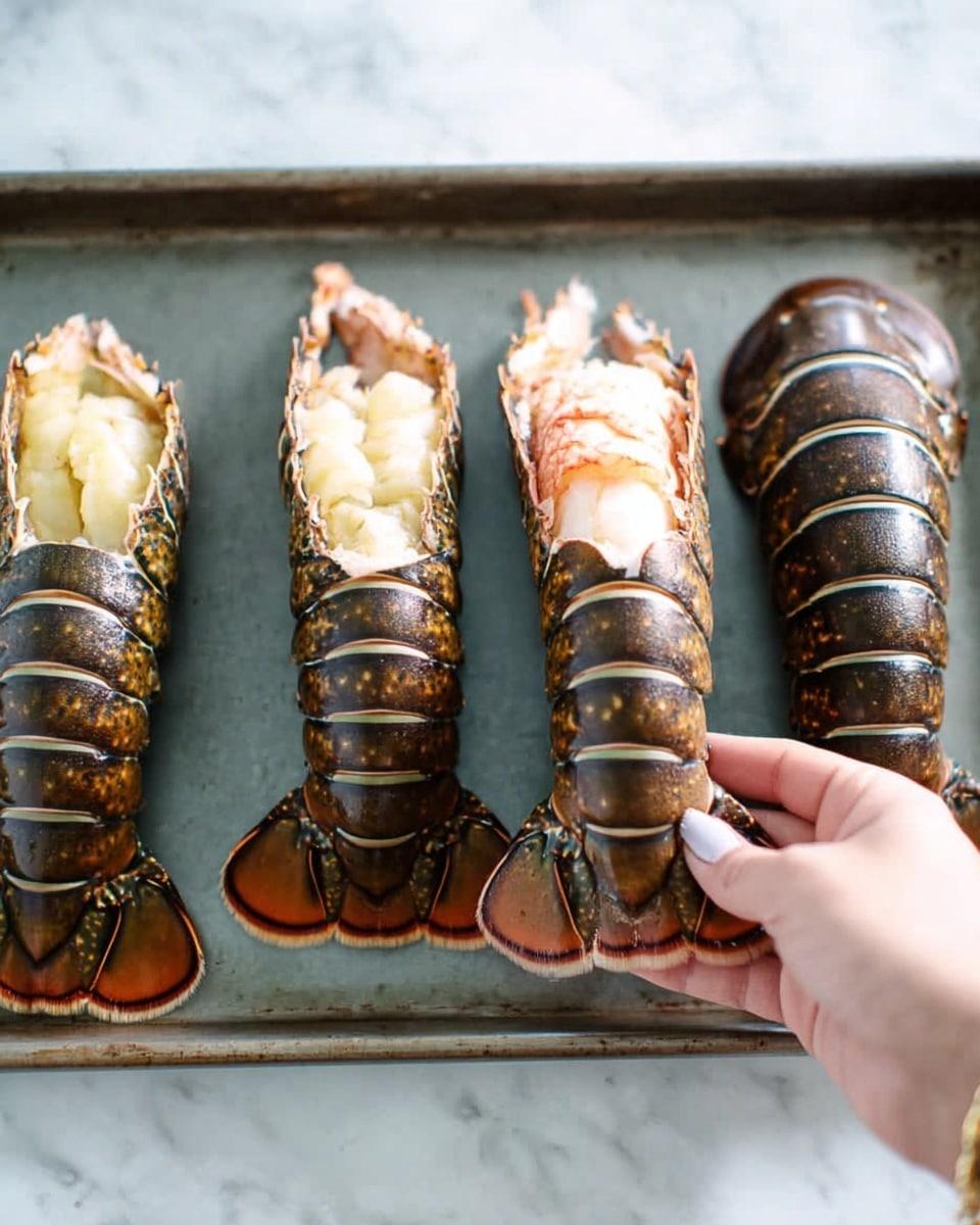 Four lobster tails are laid out in a row on a flat metal baking sheet with a dark gray color. The lobster tails have dark brown shells with small white spots and light greenish-yellow lines along the edges. The second tail from the left is partially opened, showing the light pink and white meat inside. A woman's hand is gently holding the meat of this opened tail from underneath. The background is a white marbled texture. photo taken with an iphone --ar 4:5 --v 7