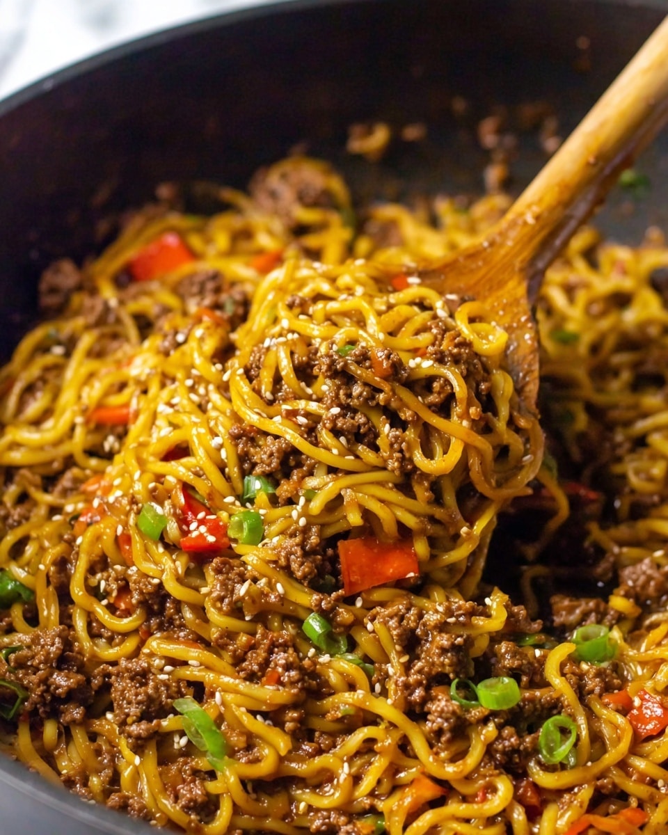 A wooden spoon lifts a mix of cooked noodles and finely crumbled browned meat from a pan. The noodles are golden yellow and twisted, coated in a shiny sauce, mixed with small pieces of red bell pepper and thin green onion slices. White sesame seeds are sprinkled throughout, adding texture and contrast. The background shows more of the same mix spread in the pan on a white marbled surface. photo taken with an iphone --ar 4:5 --v 7