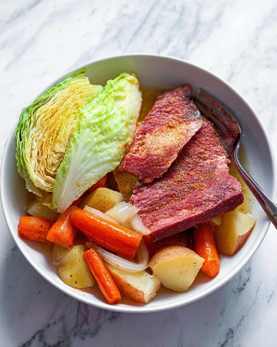 A white pot filled with a large piece of raw meat in the center, topped with mixed whole mustard and black pepper seeds. Around the meat, there are thick chunks of white onion, orange carrots, light brown potato pieces with skin on, and a quarter of pale green cabbage. All ingredients are partially submerged in clear broth, sitting on a white marbled surface. photo taken with an iphone --ar 4:5 --v 7