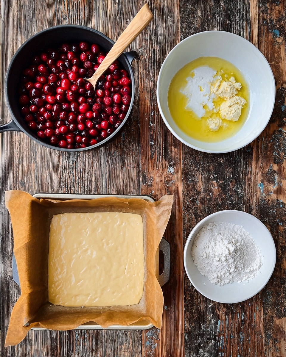 The image shows four groups of baking ingredients and tools arranged on a wooden surface with a worn texture. The top left has a black pot filled with bright red cranberries and a wooden spoon inside. To the right of it is a white bowl containing melted butter and flour on one side, with yellow and white colors and a slight shine on the butter. Below the pot, there is a square baking pan lined with light brown parchment paper, holding a smooth, pale dough layer stretching evenly to the edges. Next to this, on the bottom right, is another white bowl, this time filled with white dry ingredients like sugar and baking powder, with a small mound in the center. photo taken with an iphone --ar 4:5 --v 7