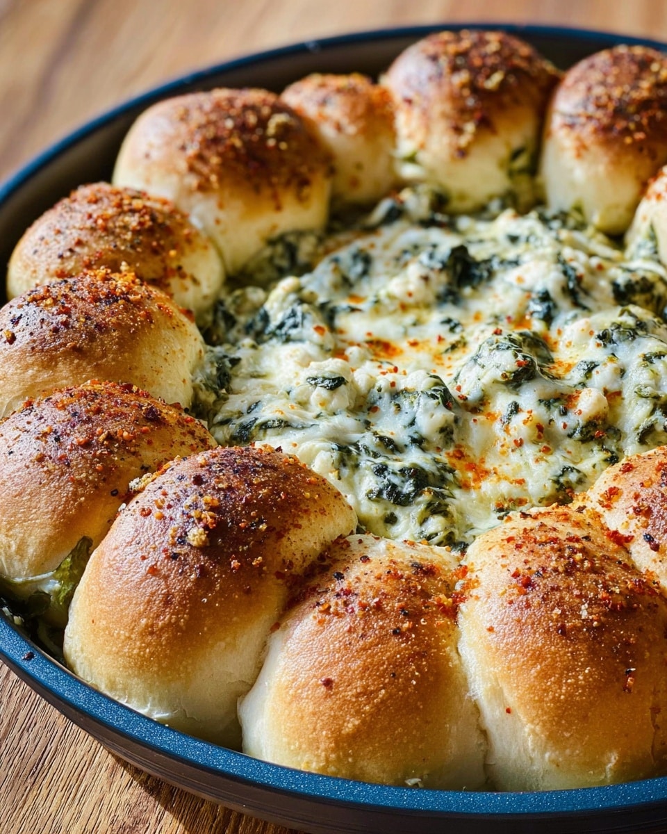 This image shows a round dish with a ring of golden-brown bread rolls forming the outer layer. The rolls have a soft texture with a slight shine and some sprinkled reddish spices on top. Inside the ring is a creamy spinach and cheese dip, which is light green with some melted white cheese and small darker green spinach pieces mixed in, giving it a slightly textured look. The dish is set on a wooden surface. photo taken with an iphone --ar 4:5 --v 7