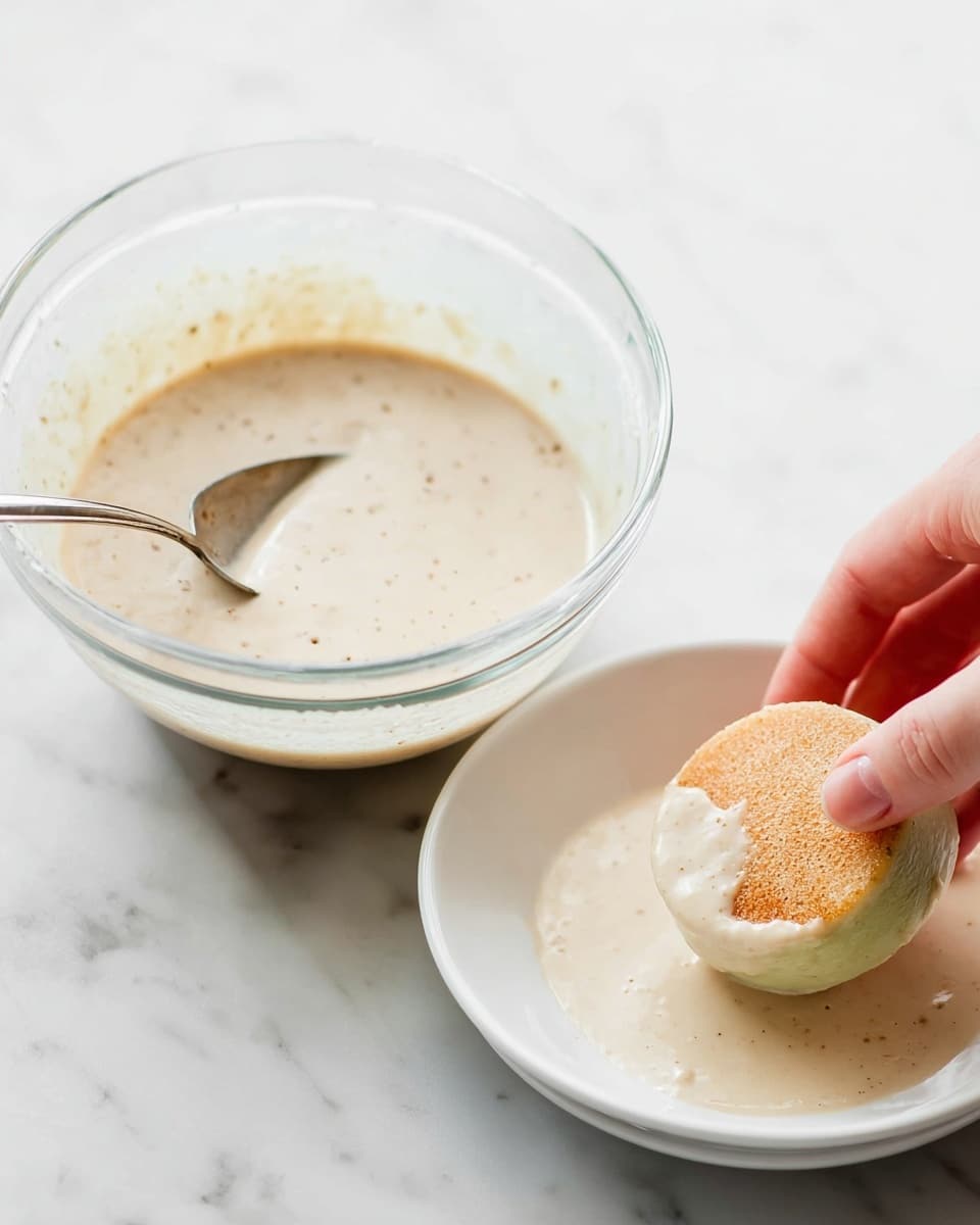 A clear glass bowl holds a light beige batter with a smooth texture, slightly speckled with tiny brown dots. A metal spoon rests inside the batter, partially coated. Next to it, a woman's hand is dipping a small round cake with a golden-brown top and pale green sides into a shallow white plate filled with the same light beige batter, creating a slight coating on the cake. The scene is set on a white marbled surface with soft lighting that highlights the creamy batter and the cake's colors. photo taken with an iphone --ar 4:5 --v 7