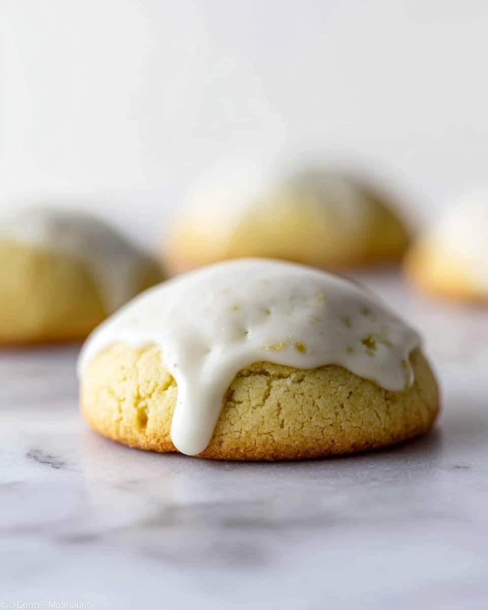 The image shows a small round cookie with a light yellow and slightly cracked texture as the base layer. The cookie is topped with a smooth, thick white icing that gently drips down the sides, adding a soft contrast to the yellow cookie. In the background, there are two more out-of-focus cookies that look similar, placed on a white marbled surface. The photo is close-up and has a soft natural light, highlighting the textures of the cookie and icing. photo taken with an iphone --ar 4:5 --v 7
