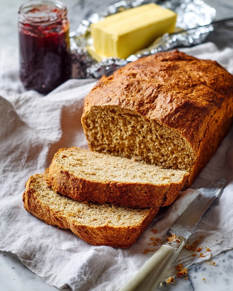 A large, rough-textured loaf of bread with a golden-brown crust is resting on a white cloth placed on a white marbled surface; the loaf is partially sliced with three thick slices laying flat next to it, showing a dense, light brown inner crumb with small air pockets. Behind the bread, there is a silver butter knife placed next to a block of yellow butter wrapped in foil, and a small clear glass jar filled with a dark red jam, with a spoon inside. Part of a knife handle is visible at the bottom edge of the image. The setting has a cozy, homey feel. photo taken with an iphone --ar 4:5 --v 7
