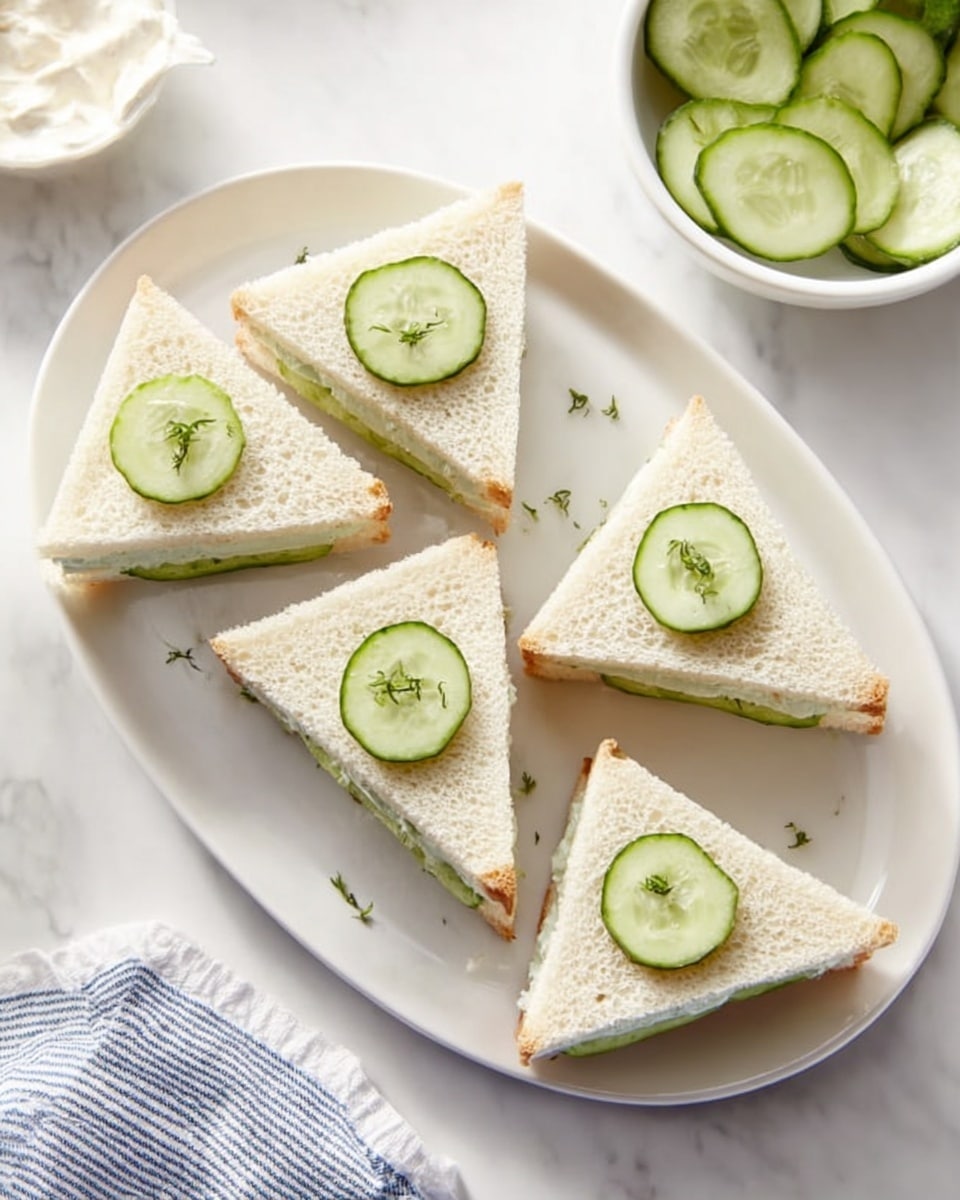 A white oval plate on a white marbled surface holds six small triangular tea sandwiches. Each sandwich has two layers of soft white bread with a thin, creamy filling visible at the edges. On top of each sandwich, there is a thin round slice of cucumber, lightly sprinkled with small green herbs. To the right side, there is a white bowl filled with more thin cucumber slices. To the left side, part of a small white bowl is visible with creamy dip and a blue and white striped cloth nearby. The overall scene is bright and clean. photo taken with an iphone --ar 4:5 --v 7
