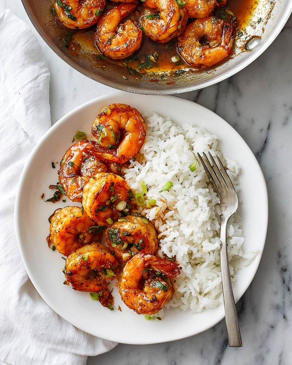 A white plate holds a serving of cooked white rice on the right side, fluffy and separate in texture. On the left side of the plate, there are seven large cooked shrimp, glazed with a shiny, orange-brown sauce and garnished with small pieces of chopped green onion and herbs. A silver fork rests on the right edge of the plate, with its prongs slightly under the rice. In the top part of the image, part of a silver pan filled with more shrimp in the same sauce is visible. The plate is placed on a white marbled surface with a white cloth napkin partially visible on the left side. Photo taken with an iphone --ar 4:5 --v 7